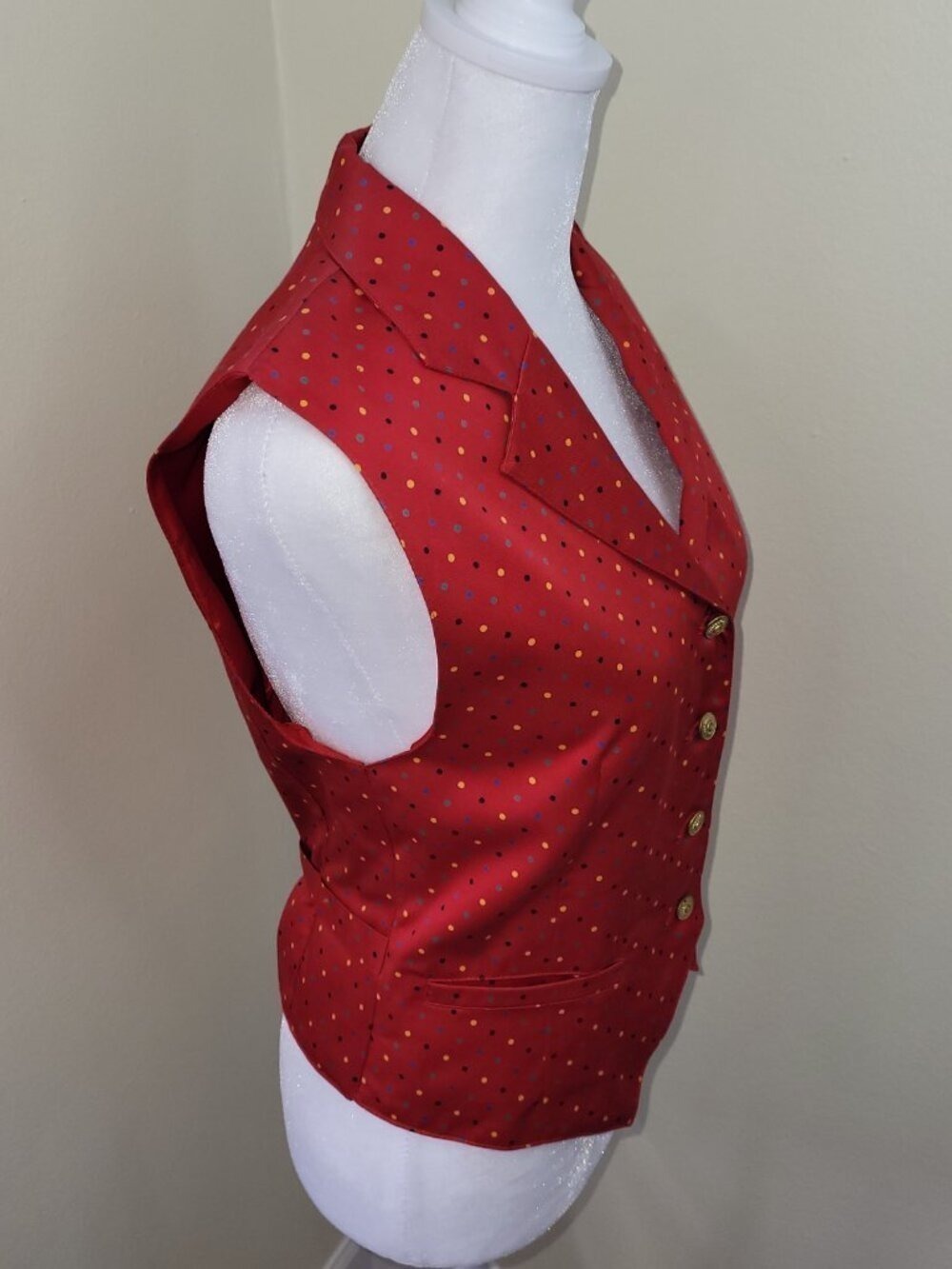 Lizsport Vintage Red Multicolored Dot Vest Collared With Gold Buttons Size 4P - Picture 7 of 11
